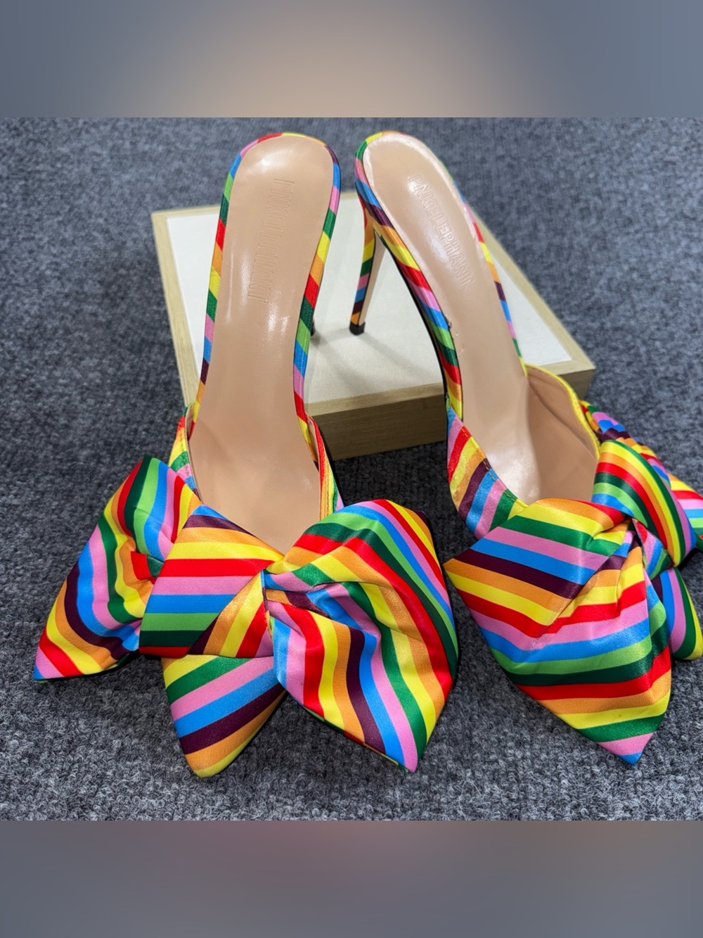 PNKELEPHANT Rainbow Striped Satin Bow Stiletto Heels Elephant 4 in EUR 42/US 11